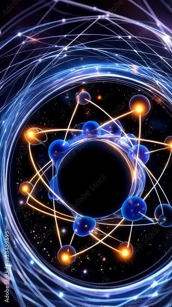 Aufkleber futuristic atomic model with sphere particles connected by lines in a circular orbit, on a dark back