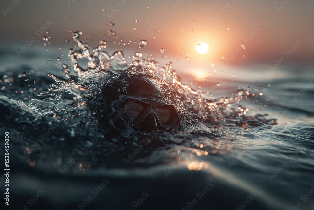 Poster a dramatic close-up of a swimmer with diving mask emerging from the ocean at sunset, surrounded by s