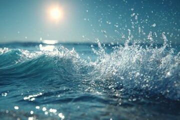 A powerful wave breaks in the ocean, captured in a close-up shot under a bright sun, showcasing the energy and beauty of nature with sparkling water drops.