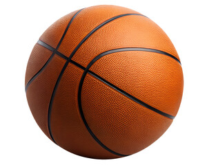 Close-up of a classic orange basketball with black lines, isolated on a transparent background.