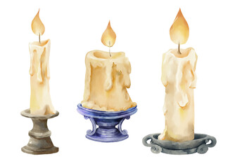 Three watercolor candles with melting wax and burning flame on different vintage candle holders. Ideal for Halloween decor, witchcraft themes, and mystical compositions.