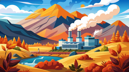 Naklejka premium Geothermal plant steaming, mountain backdrop, autumnal landscape, energy production Very beautiful