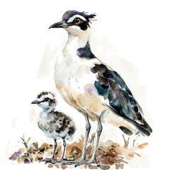Obraz premium A Mother Lapwing With Her Kid, watercolor vector, high quality, isolated on a white background.