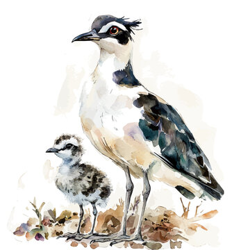 A Mother Lapwing With Her Kid, watercolor vector, high quality, isolated on a white background.