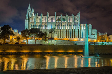 Night view of the Cathedral of Santa Maria of Palma, Mallorca, Balearic Islands, Spain