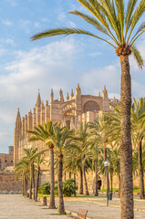Sunset view of the Cathedral of Santa Maria of Palma, Mallorca, Balearic Islands, Spain © vli86
