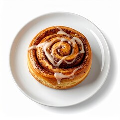 Overhead Shot of Glazed Cinnamon Roll on White Plate