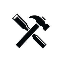Crossed hammer and chisel, depicted as a simple black and white icon, symbolizing construction or craftsmanship.