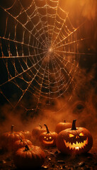 AI generated image of orange smoke and spiderwebs and evil pumpkin faces. Halloween background