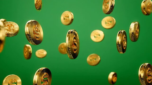 3D falling gold coins isolated on green chromakey background for finance and ecommerce video effects