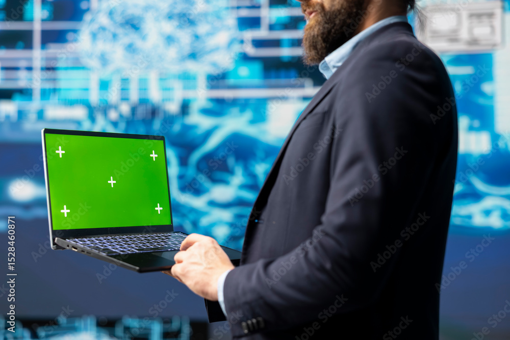 Poster surrounded by data and neural networks systems, male it engineer navigates artificial intelligence w