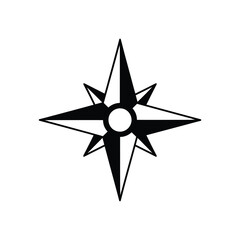A black and white compass rose graphic, showing four cardinal directions and intermediate points.