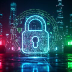 Digital security concept with illuminated padlock and binary code over a cityscape background