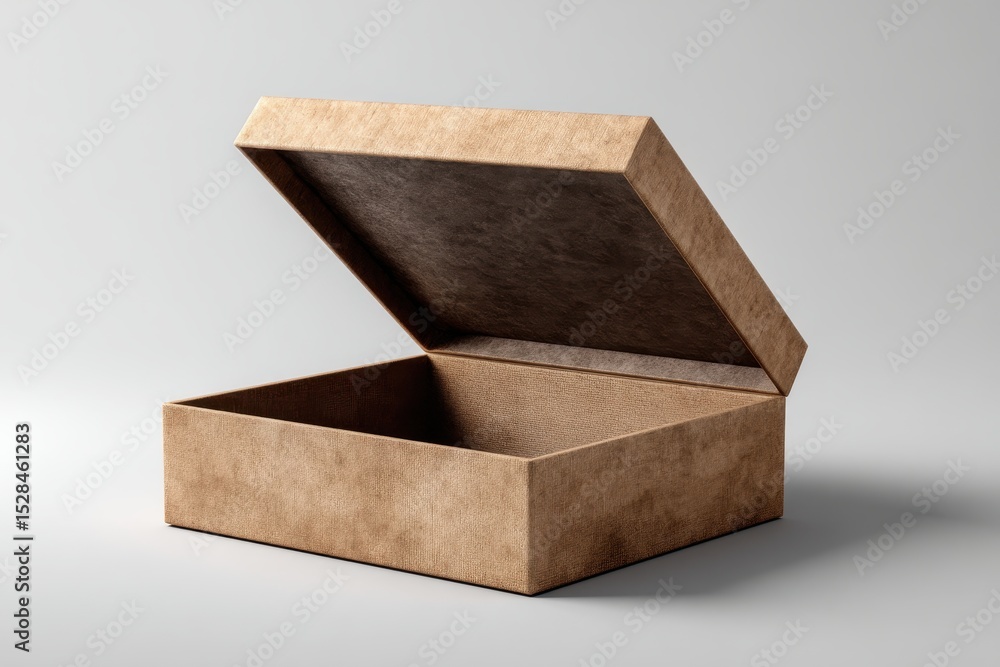 Poster close-up studio shot of a luxury textured cardboard box with an open lid, presenting an elegant pack