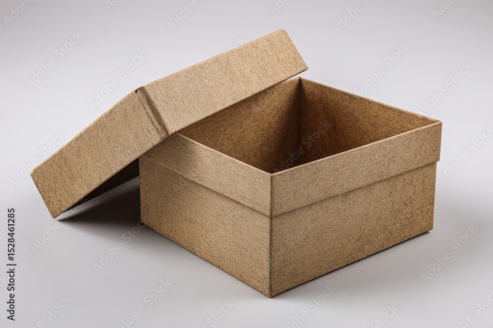 Poster a light brown cardboard box with a slightly open lid against a plain background, showcasing packagin