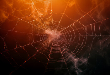 AI generated image of orange smoke and spiderwebs. Halloween background