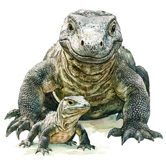 A Mother Komodo Dragon With Her Kid, watercolor drawing vector, high quality, isolated on a white background.