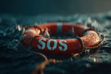A symbolic lifebuoy with the inscription SOS floating on the water's surface, a visual metaphor for help and rescue in times of danger and crisis at sea.