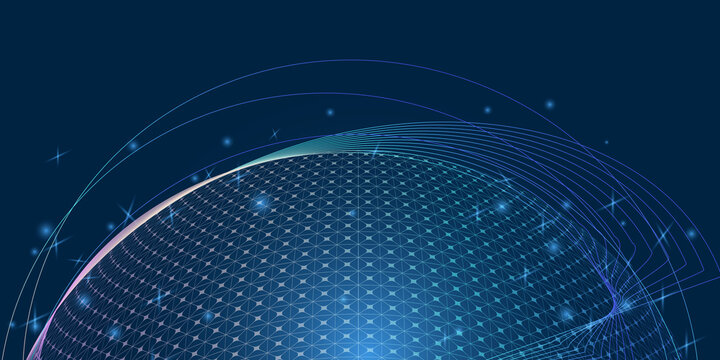 Big data, innovation, digital technology concept. Abstract background with spherical grid surrounded by orbital lines and stars. Deep blue background for presentations and web designs