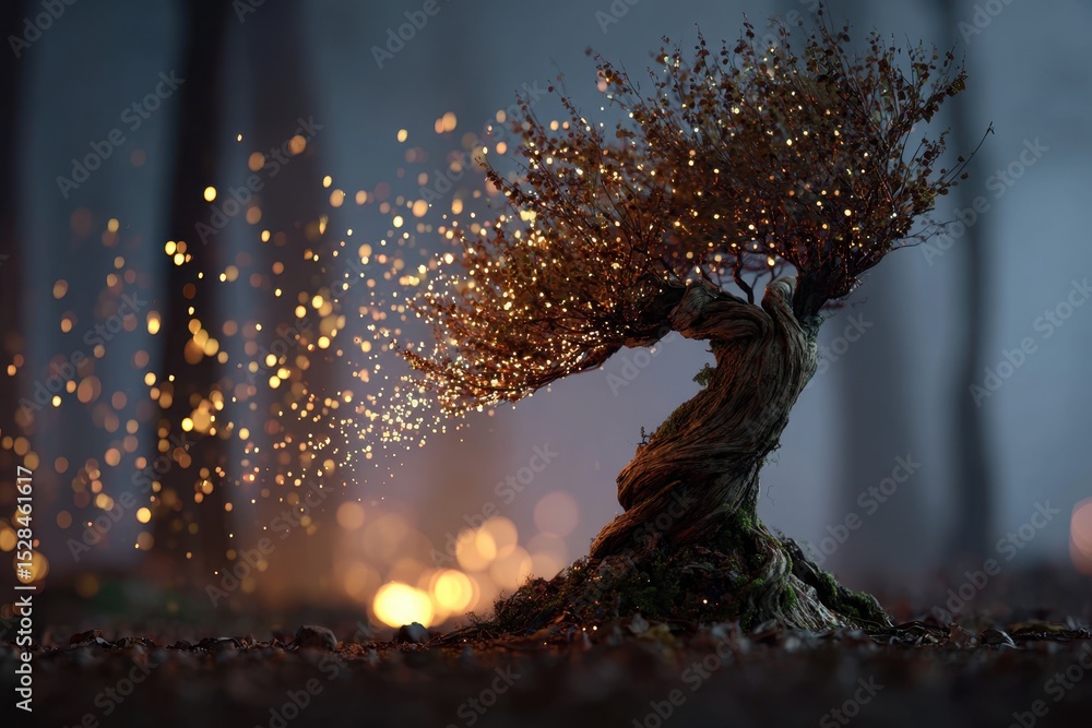 Poster mystical tree illuminated with golden light particles in a dark forest, creating a magical and ether