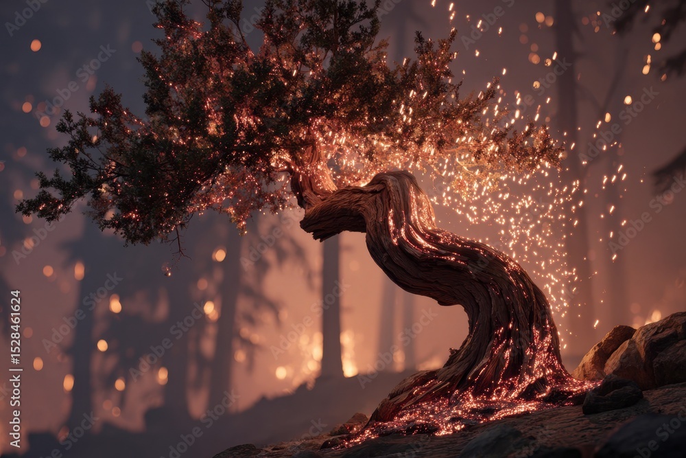 Poster an enchanting bonsai tree adorned with sparkling lights, set against a magical forest backdrop, crea