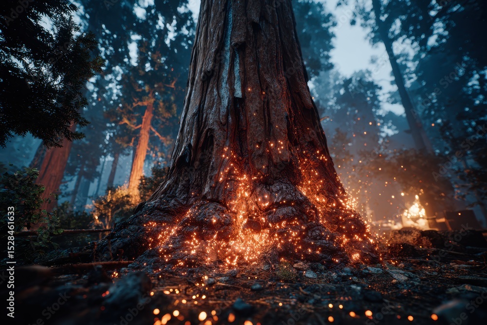 Poster a magnificent giant redwood tree in a forest, surrounded by a magical glowing light, creating a myst
