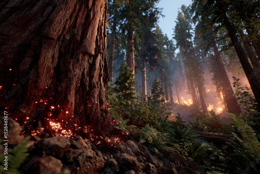 Poster a mesmerizing scene of sunlight filtering through towering trees in a dense forest, with a massive t