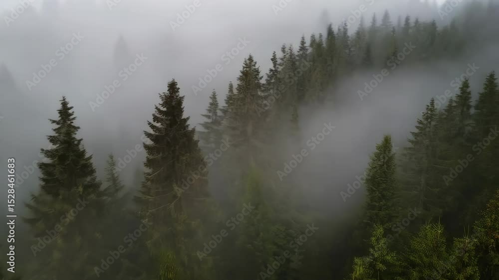 Poster misty mountain landscape with evergreen trees shrouded in fog creating a mysterious and atmospheric 