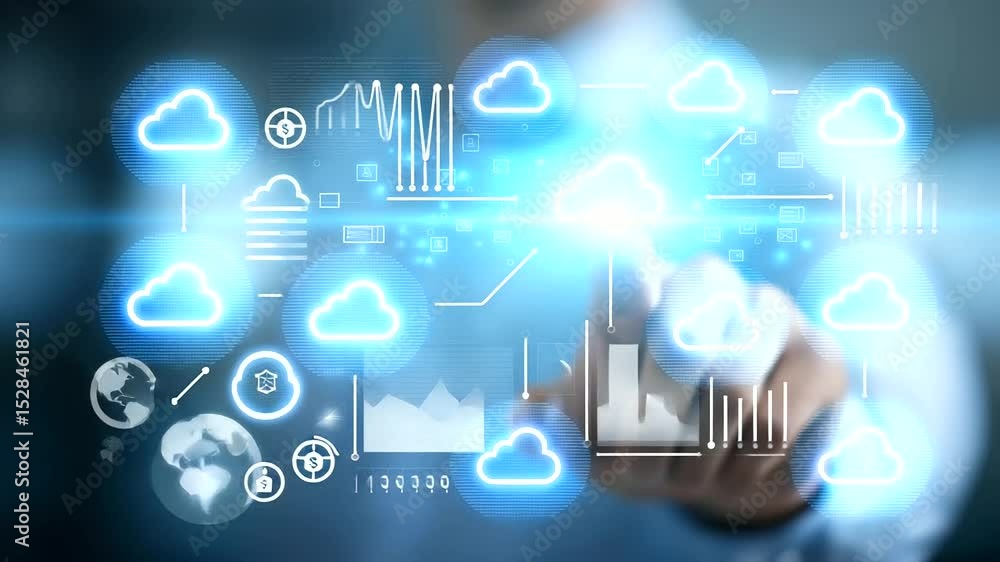 Poster businessman analyzing data transfer on a cloud computing dashboard in a modern office setting.