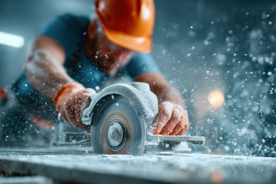 A construction worker in safety gear cuts through material with a power saw, creating a flurry of dust particles in a busy construction environment. - Powered by Adobe