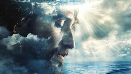 An illustration of Jesus Christ the Lord, double exposure with the clouds and beams of sunlight