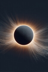 Dramatic space scene featuring a dark, textured planet encircled by a vibrant corona of light. Evokes themes of energy, transformation, and cosmic events.