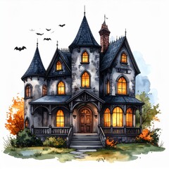 Haunted House Watercolor Illustration Halloween Spooky Night
