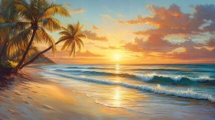 Tropical sunset over a placid beach.