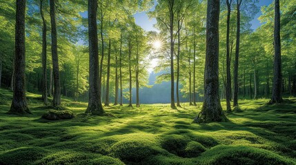 Obraz premium Lush green forest floor bathed in sunlight. Sunlight filters through trees