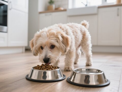 A small, fluffy white Havanese puppy eating dog food from stainless steel bowls on the floor of an open-concept kitchen with light wood floors and bright natural lighting.