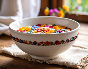 Serene display of pristine white ceramic bowl filled with vibrant, colorful flowers, creating tranquil atmosphere. natural light enhances beauty of arrangement, evoking sense of calm and joy