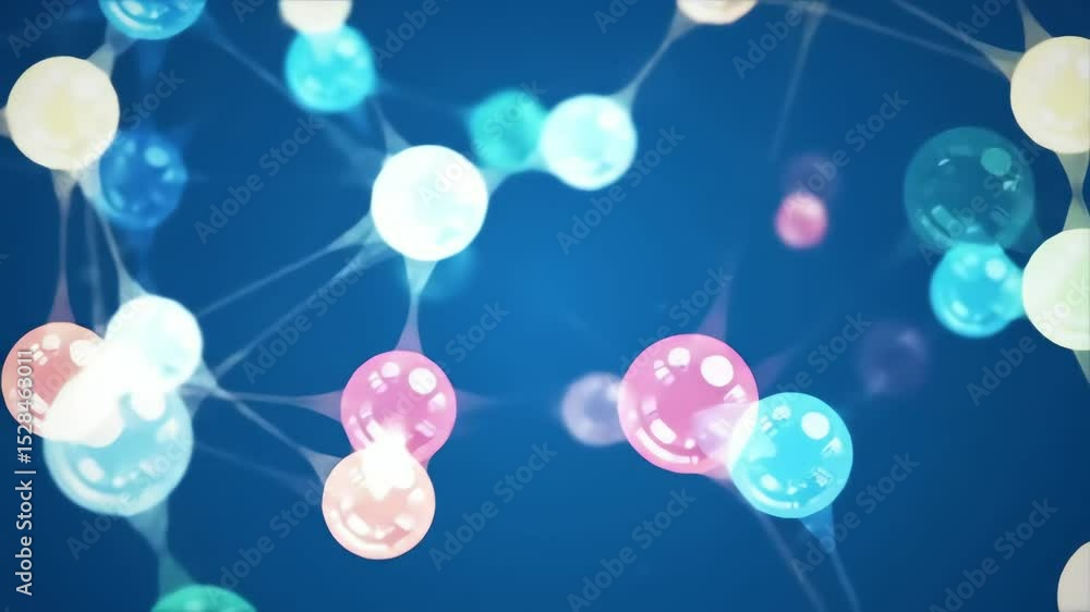 Poster vibrant colorful abstract molecular structures interconnected spheres smoothly rotating in 3d digita