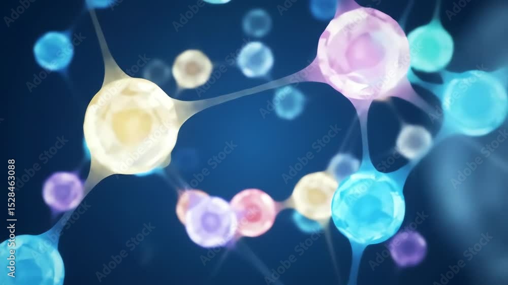 Poster abstract colorful crystal spheres connected in a gently rotating network animation on blue backgroun