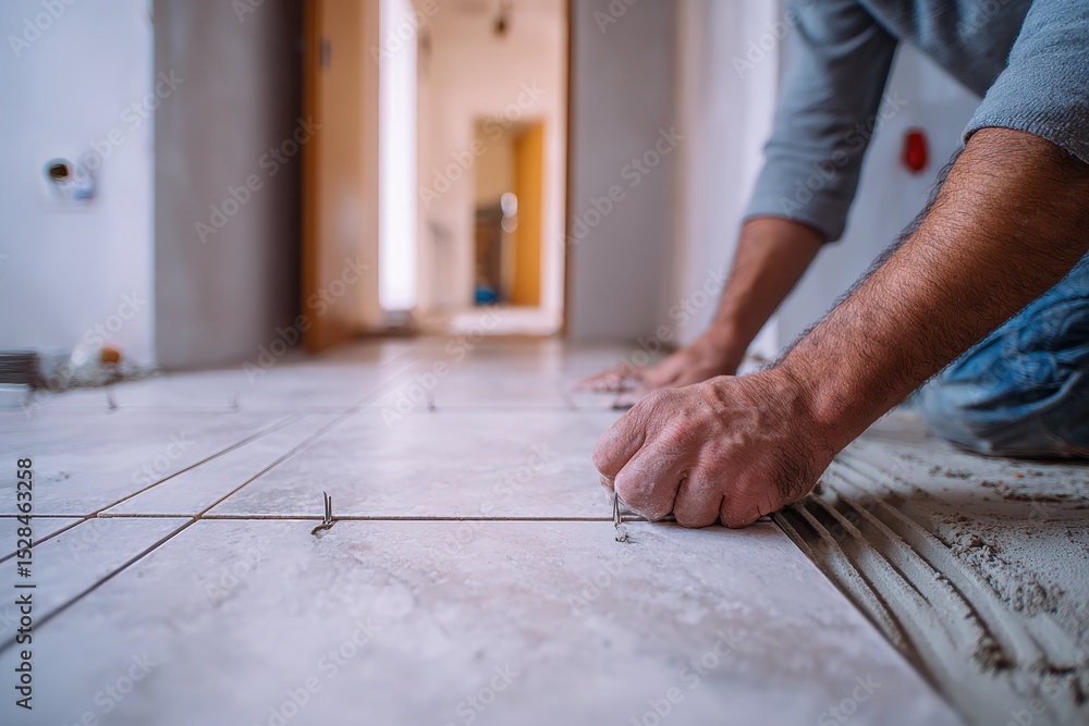 Fototapete close-up of a construction worker installing large format floor tiles using spacers to ensure even g
