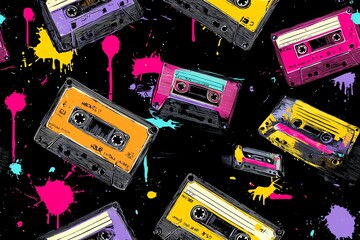 pop punk seamless pattern with neon cassette tapes and spray-paint effect, black backdrop