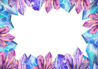Horizontal watercolor frame with vibrant crystals in pink, purple and blue hues. Great for magical cards, wedding invitations, and fantasy-themed compositions.