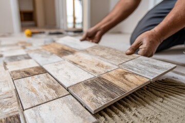 Hands carefully placing wood-look ceramic tiles during a home renovation project, focusing on floor installation with adhesive mortar and attention to detail for a professional finish.