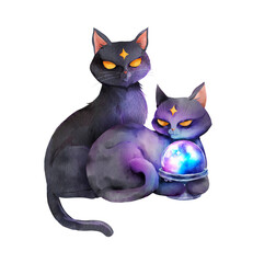 Watercolor illustration of two mystical black cats with golden eyes, sitting together.  Ideal for magical, spiritual or fantasy projects.