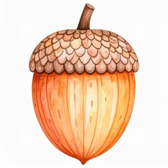 Watercolor Painting of a Detailed Acorn on White Background