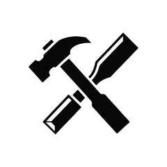A black and white illustration of a hammer and chisel crossed.