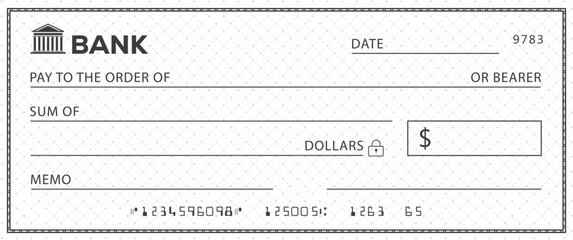 Bank check, vector blank money cheque, checkbook template with guilloche pattern and fields. Currency payment coupon, money check background