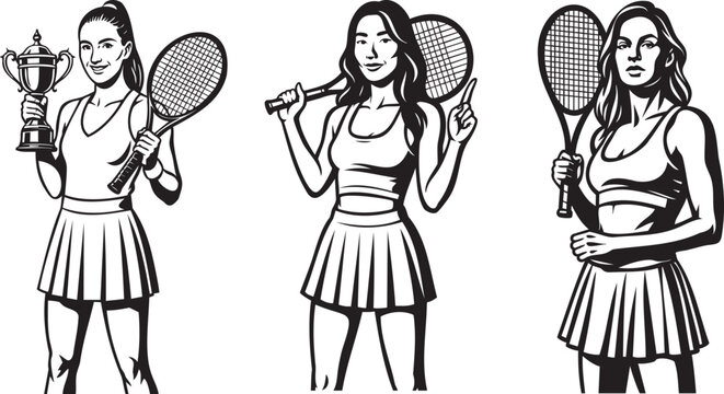Tennis female athlete trio in bold linework with trophies and gear, ideal for product packaging, hero illustrations, or print design for sports events