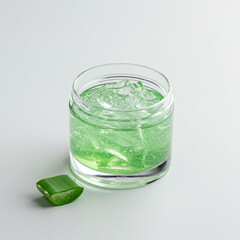 Refreshing green beverage with ice in glass jar on white background  