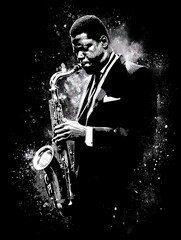 black and white ink splatter portrait of a jazz saxophone player in a smoky club, noir style